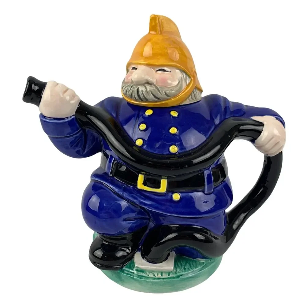 J. Luber By Roy Simpson Vintage Blue Fireman Yellow Hat Teapot 9L x 5W x 8.5H